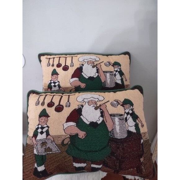 Christmas Tapestry Pillows Cushions Santa w/elves   Set Of 2 - Picture 1 of 8